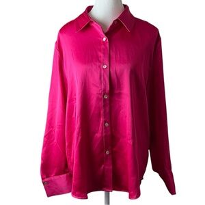 Rachel Zoe Women’s L Hot Pink Satin Button Up Blouse Long‎ Sleeve Shirt
